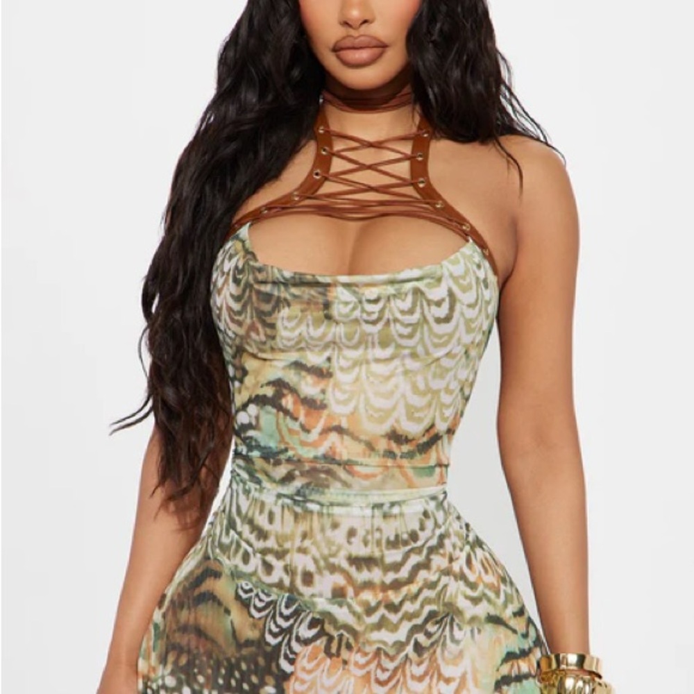 Fashion Nova Brown and Green Patterned Dress